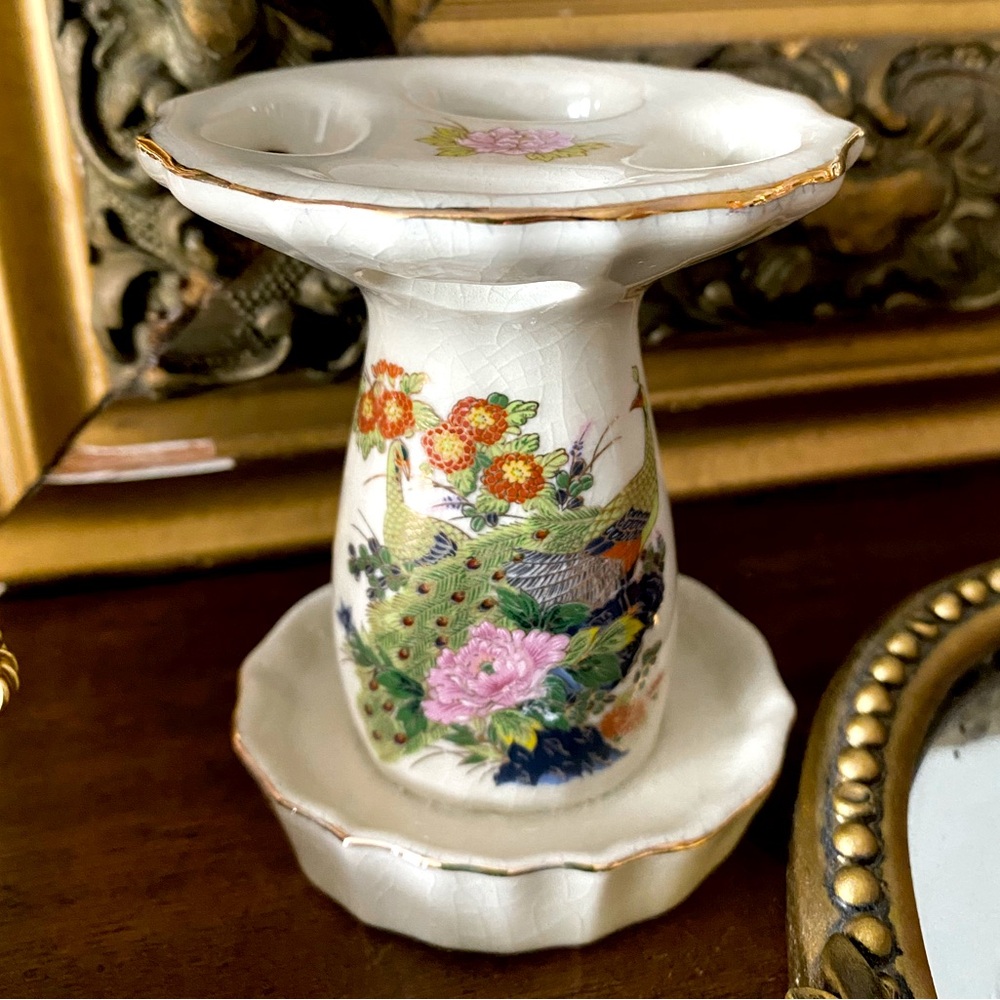 Japanese Porcelain Peacock and Flowers Toothbrush Holder Vintage and Unique!